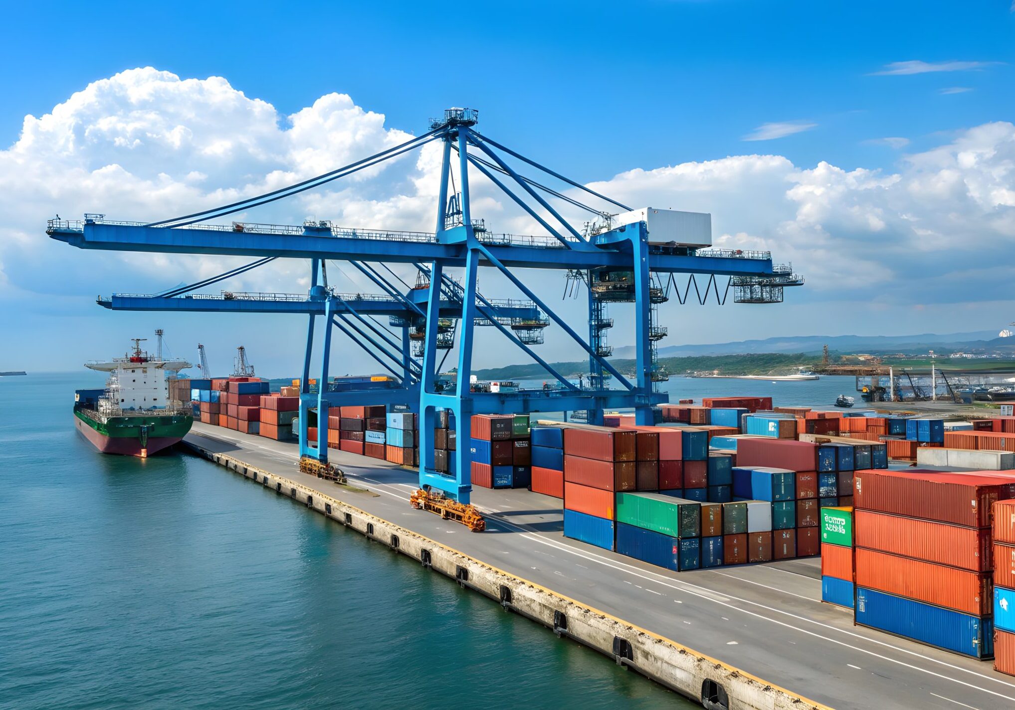 Cargo Port with Cranes and Container Ship