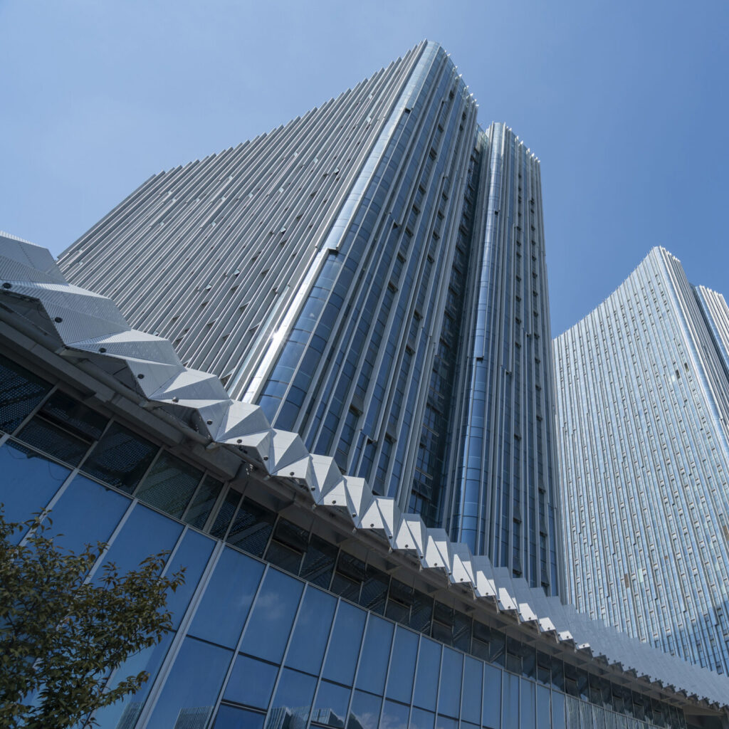 Looking up at the skyscraper in the financial center