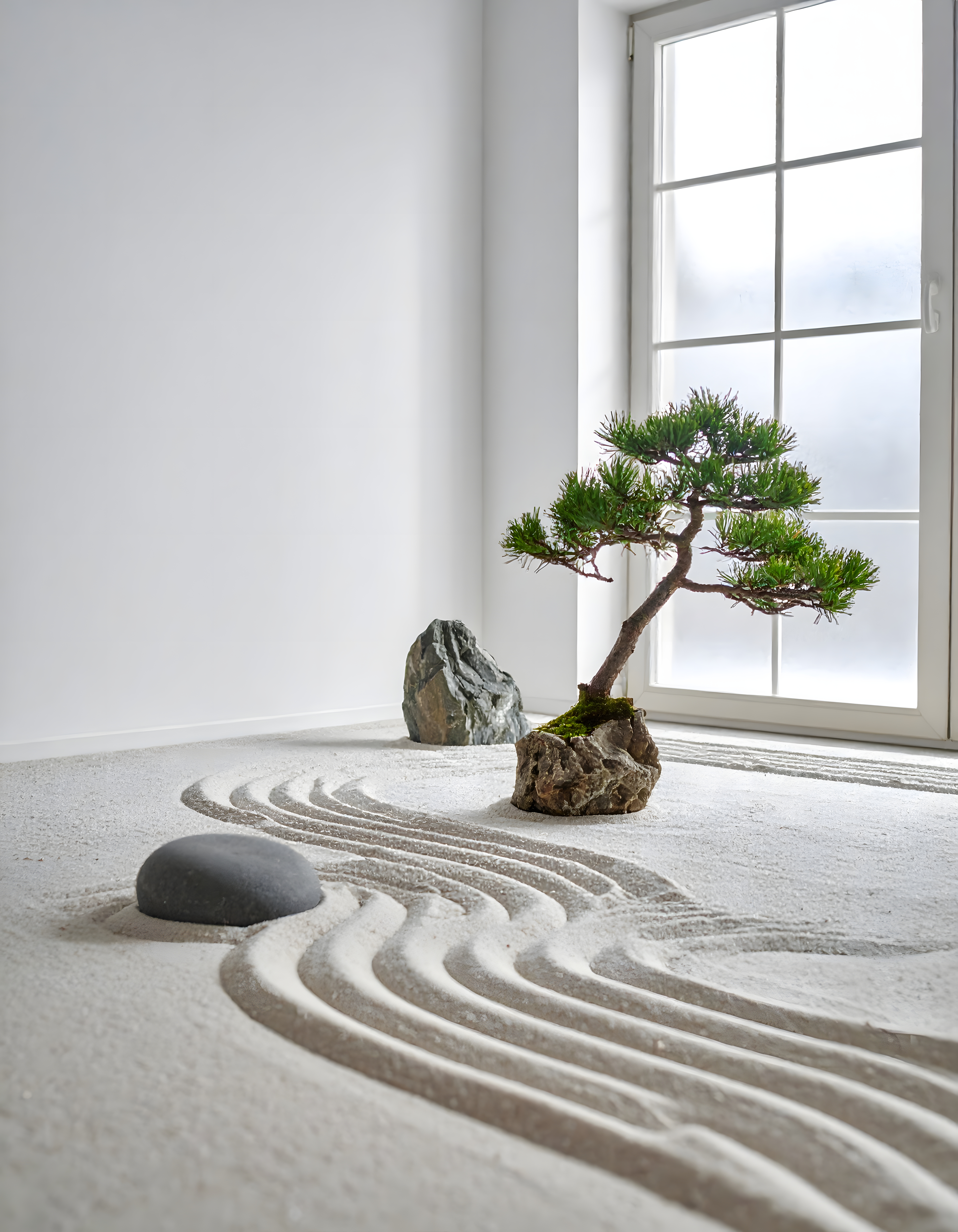 Zen garden with raked sand bonsai tree and rocks in a minimalist room